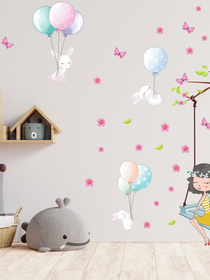 Adesivo parede flôr cerejeira menina balanço papel parede