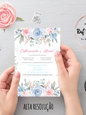 Convite floral azul bebê e rosa