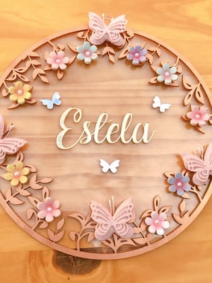 Porta maternidade borboletas flores rose acrílico e espelho