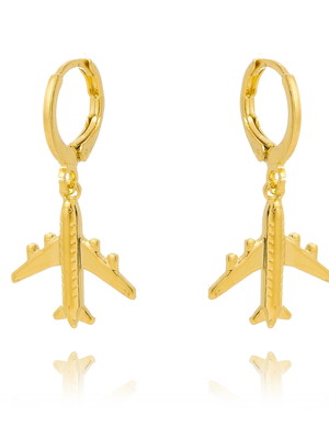 Brinco de argola pequena com pingente de avião folheado