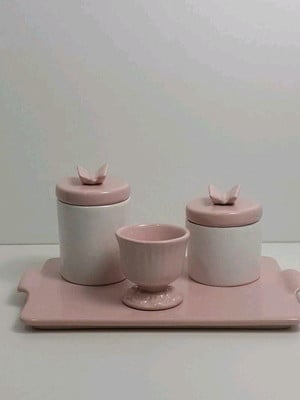 Kit higiene porcelana rosa bandeja retangular borboleta