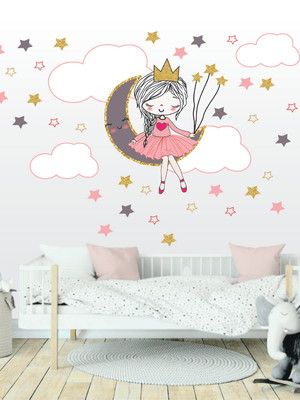 Adesivo de parede menina princesa na lua retrô