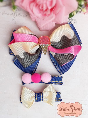 Laço jeans escuro pink e off white e kit hear clips sorvete