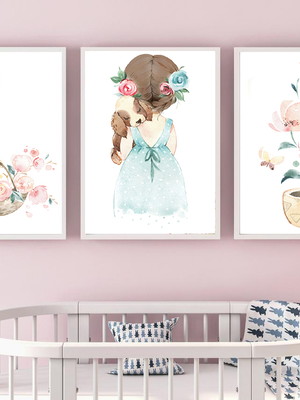 Quadros decorativos menina jardim aquarela