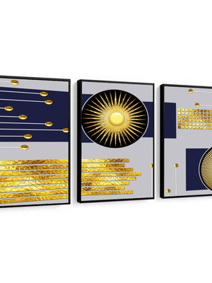 3 quadros abstrato azul e amarelo decoração cinza molduras