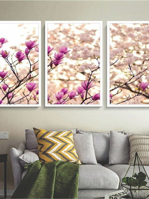 Kit 3 quadros decorativos flores de cerejeira para sala hall