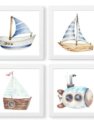 Kit 4 quadros decorativos para quarto de bebe barcos moldura