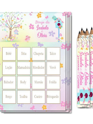 Bingo para chá de bebê jardim com 50 ct+ lápis+fichas