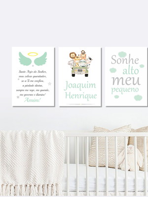 Quadro quarto menino safari com oração do santo anjo