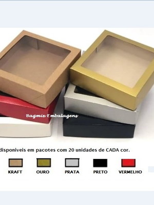 20 caixas com visor 25x25x6.5 ouro prata branca ou kraft