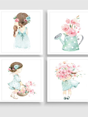 Quadros decorativos menina no jardim aquarela