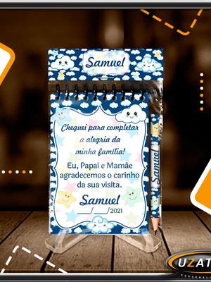 Bloco personalizado com lapela e mini lápis - nuvens