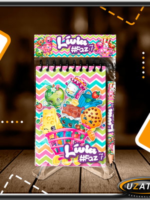 Bloco personalizado com lapela e mini lápis - shopkins