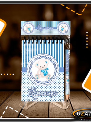 Bloco personalizado com lapela e mini lápis - ursinho
