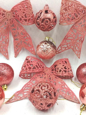 Decoração natal rose gold 3 laços grandes + 9 bolas 6 cm
