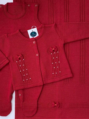 Saida de maternidade menina tricot vermelha laço e pérolas