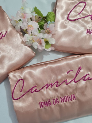Kit 7 robe cetim bordado noiva debutante nome nude rosê