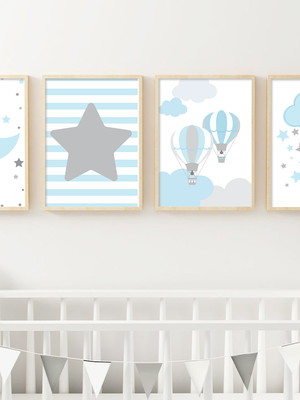 Quadro infantil lua e estrela, balão e lua em azul e branco