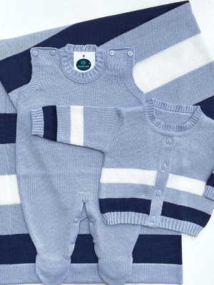 Saida maternidade menino azul bebê listrada tricot 3 peças