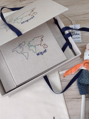 Kit caixa, álbum a4, livro do bebê bordado mapa mundi