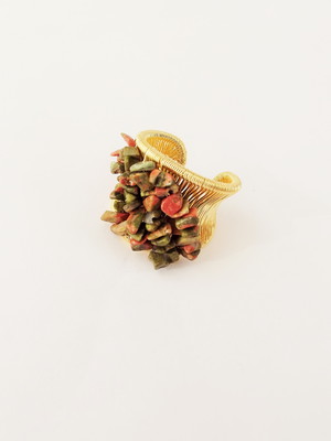 Anel ajustável unakita cascalho natural folheado ouro 18k