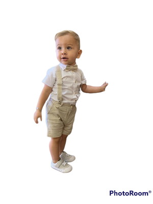 Conjunto em linho com suspensório cor bege