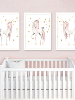 Kit 3 quadros decorativos menina unicornio rosa