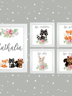 Kit com 5 placas decorativas bosque nome em mdf