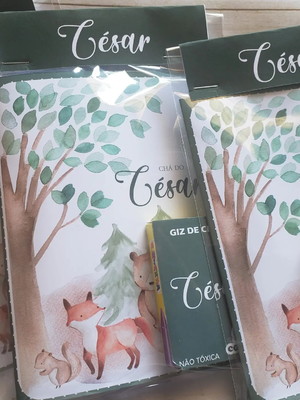 Mini livro de colorir + giz de cera tema bosque