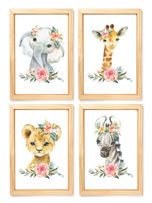 Kit 4 quadros decorativos infantil safari aquarela menina