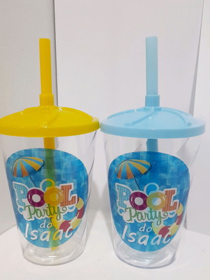 Copo 300 ml personalizado com tampa e canudo pool party
