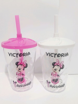 Copo 300 ml personalizado com tampa e canudo minnie rosa