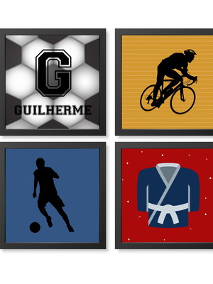 Kit com 4 quadros decorativos - esportes