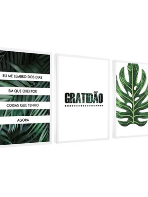 Quadro decorativo folhagem folhas gratidão frase com moldura