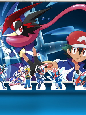 Kit aniversário prata painel + display pokemon ash greninja