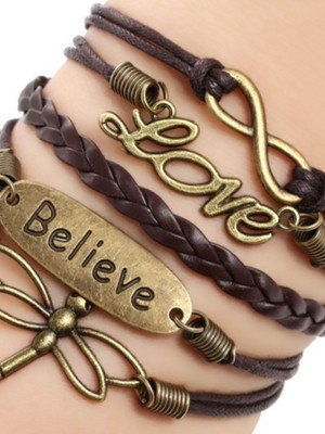Pulseira couro feminina infinito love believe libélula