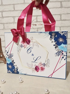 Sacola para os pajens azul marinho e fúcsia - casamento