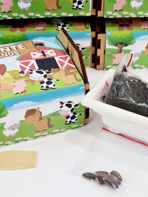 Brinde eco caixote com cinta personalizada - fazendinha
