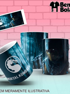 Caneca mortal kombat scorpion fundo azul cenário jogo luta