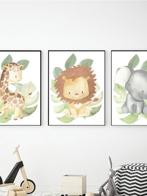 Kit 3 quadros decoração infantil baby safari filhotes