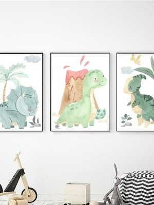 Kit 3 quadros decorativos infantil safari dinossauros baby