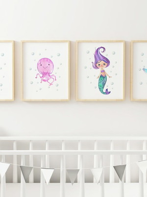 Kit 4 quadro decorativo infantil sereia encantada do aquario