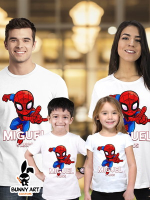 Kit 4 camisetas família aniversário - homem aranha herói