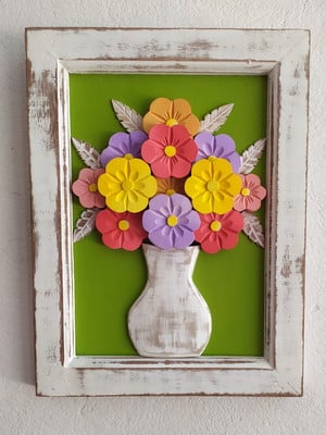 Quadro madeira com flores coloridas