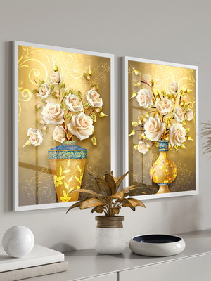 Kit 2 quadros decorativos flores douradas com moldura vidro