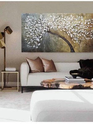 Quadro pintura abstrata à mão árvore dourada prata 70x140cm
