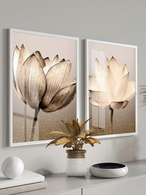 Quadros decorativos flores bege sala quarto vidro e moldura