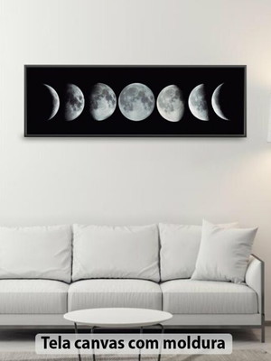 Quadro panorâmico p e b fases da lua 120x35cm com moldura