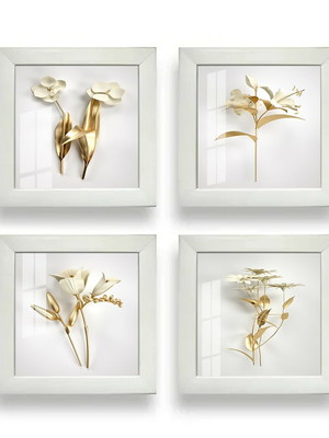 Kit 4 quadros moldura e vidro flores minimalistas dourada