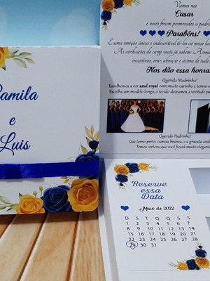 Caixa convite para padrinhos azul royal e amarelo